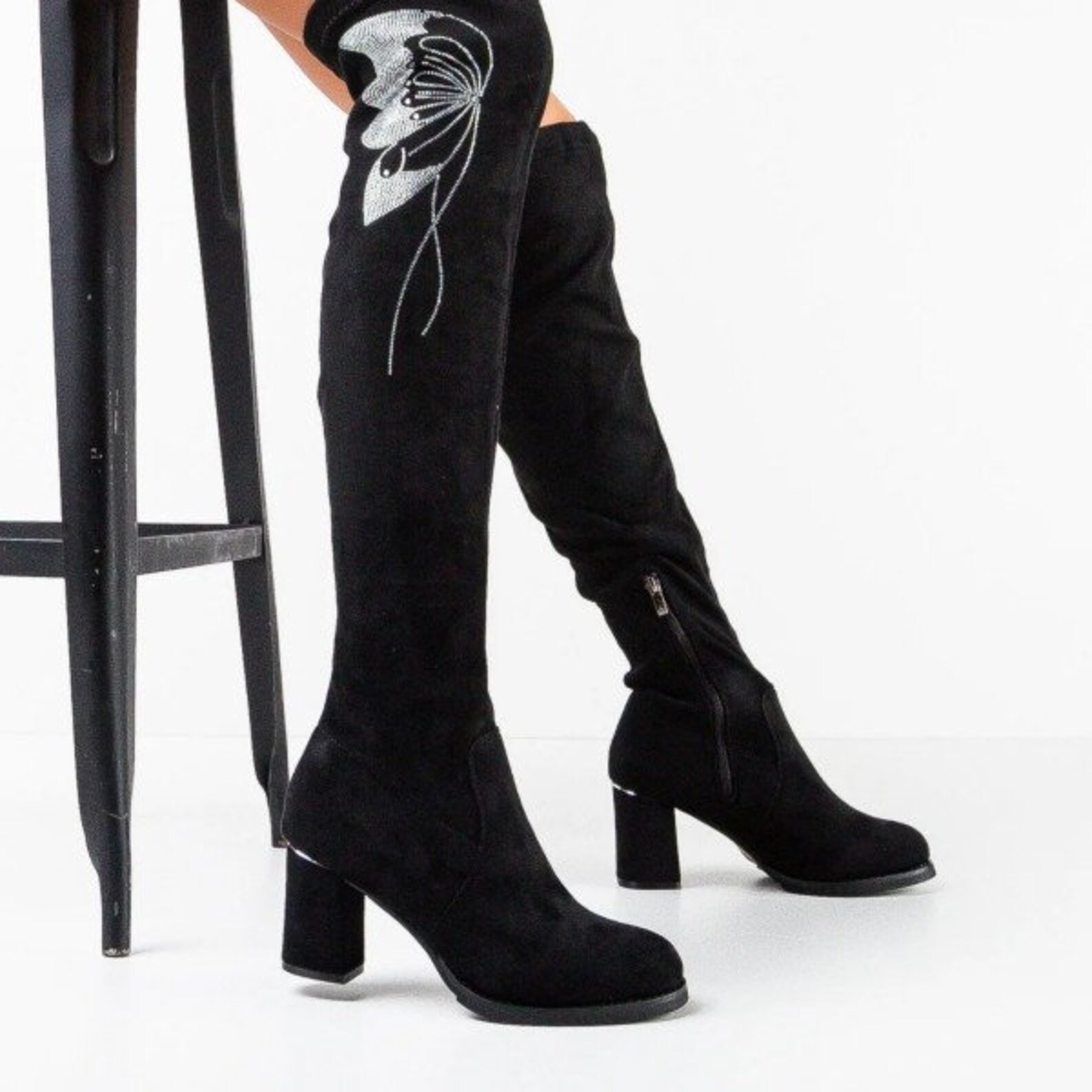 Over the Knee Black Boots Leather Suede Black Boots With Zipper Modern