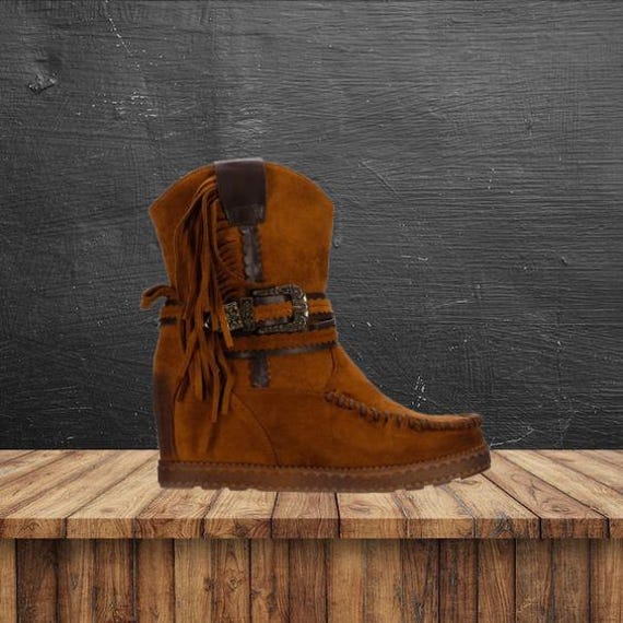 Stivaletti in camoscio cammello, stivaletti mocassino, stivali con