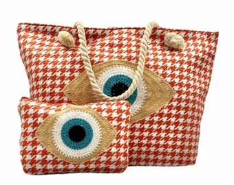 Set of 2 handmade bags Evil eye bag Orange everyday bag Knitted orange bag Modern evil eye bag Orange shoulder bag