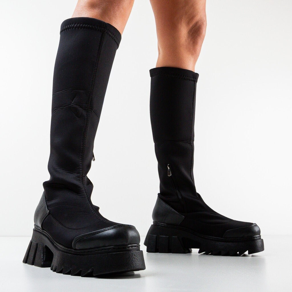 Ecoligical Leather Black Platform Boots 
