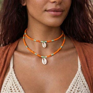 Layered Bohemian Shell Necklace, Boho Cowrie Shell Necklace, Orange Beaded Choker, African Style
