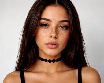 Handmade Knitted Flower lace Choker, Minimalist Black Boho Collar, Black Floral Choker, Romantic Gothic Lace Choker Necklace
