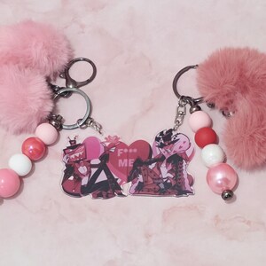 Hazbin Hotel Love Themed Keychains/Bag Charms - Alastor | Angel Dust | Lucifer | Vox & Valentino Pink Heart - Vox/Val