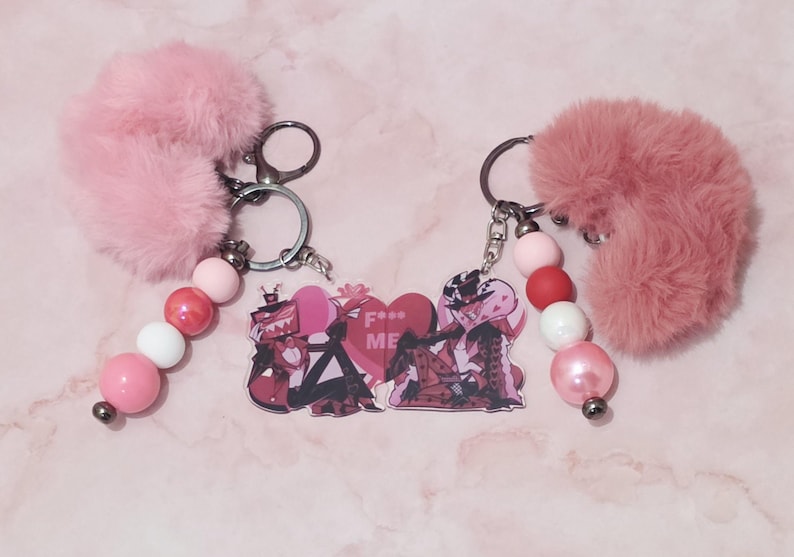 Hazbin Hotel Love Themed Keychains/Bag Charms - Alastor | Angel Dust | Lucifer | Vox & Valentino Pink Heart - Vox/Val
