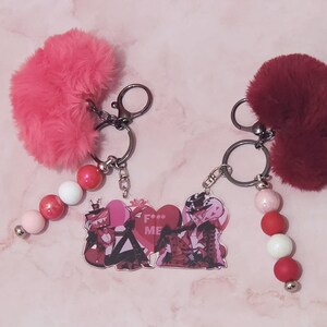 Hazbin Hotel Love Themed Keychains/Bag Charms - Alastor | Angel Dust | Lucifer | Vox & Valentino Pink/Red - Vox/Val