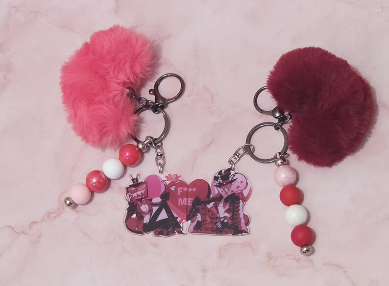 Hazbin Hotel Love Themed Keychains/Bag Charms - Alastor | Angel Dust | Lucifer | Vox & Valentino Pink/Red - Vox/Val