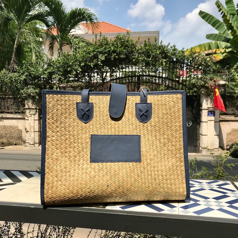 Rattan bag with high quality leather handmade/ rectangular image 0