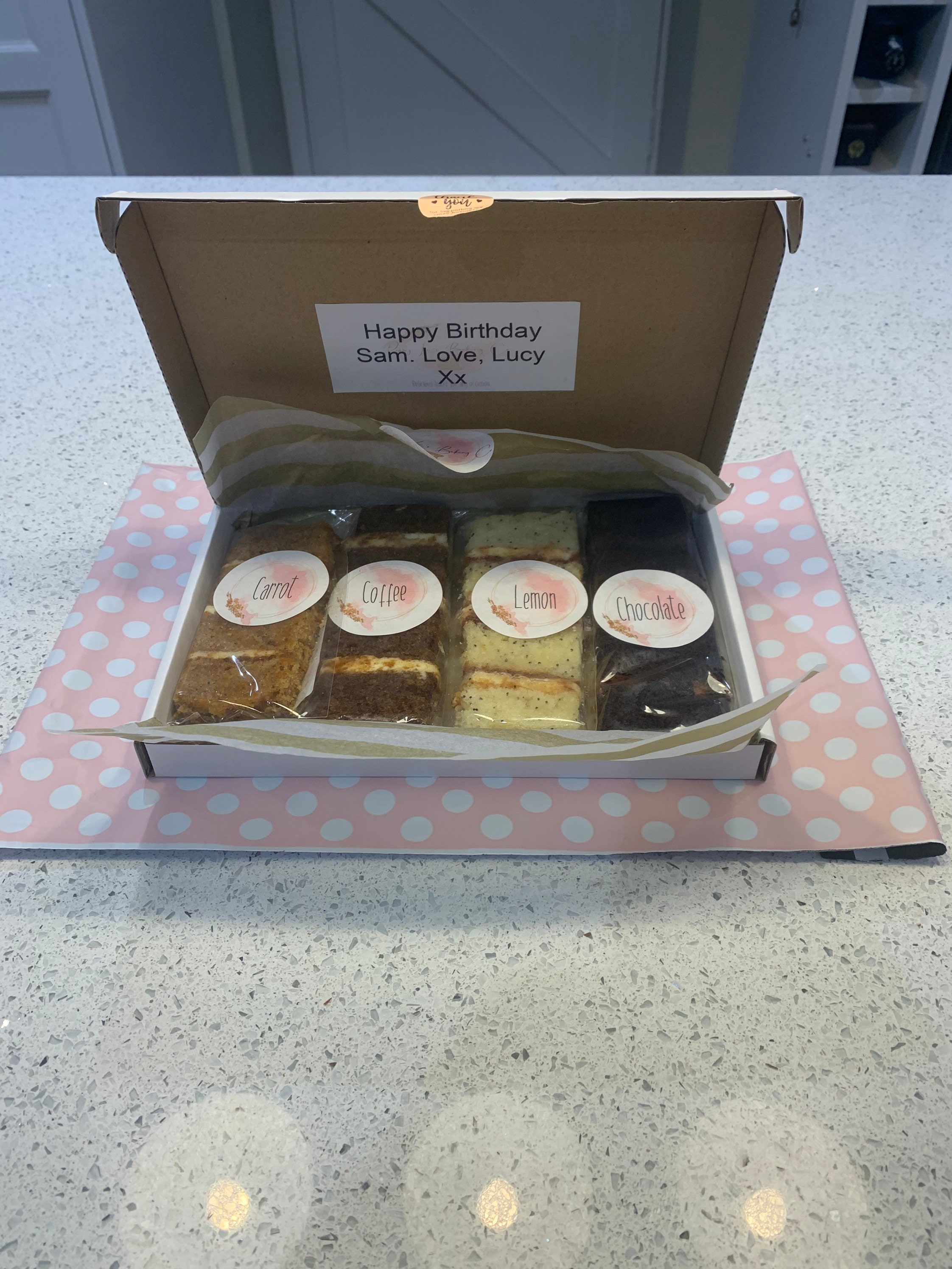 Sponge cake delivered through their door with personalised Etsy