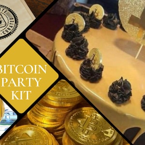 Bitcoin Party Pack Kit - Alles für Ihre Bitcoin-Party; Bitcoin Ballons, Gastgeschenke, Platzsets, Cake Toppers, & kuratiertes Cocktailmenü