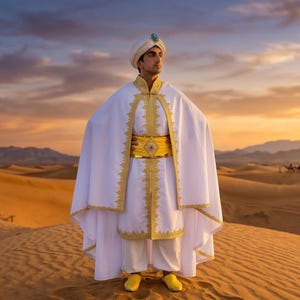 May include: A person in a white and gold costume stands in a desert landscape. The outfit includes a white robe, pants, and turban, accented with gold trim and a yellow belt. The background features sand dunes, mountains, and a sunset.