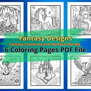 Fantasy Creatures Coloring Book PDF 6 Printable Pages of Dragons Unicorns Mermaids Fairies Phoenix & Castles, Magical Mythical Worlds