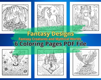 Fantasy Creatures Coloring Book PDF 6 Printable Pages of Dragons Unicorns Mermaids Fairies Phoenix & Castles, Magical Mythical Worlds