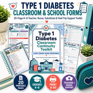 Peut inclure: Un kit de 20 pages de formulaires scolaires pour le diabète de type 1, destiné aux élèves de la maternelle à la 8e année. Il comprend une liste de contrôle pour les sorties, des notes sur la technologie CGM et des fiches de suivi.
