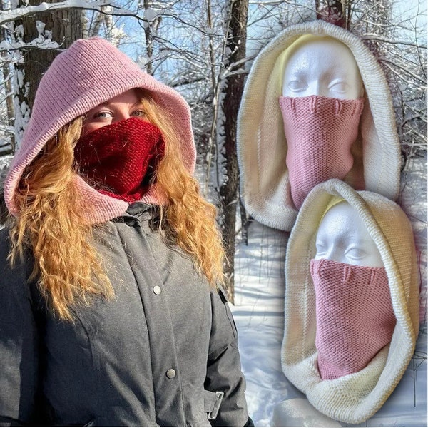 Knit Hooded Cowl, White/Pink, Knit Hoodie, Pixie Hood, Balaclava, Ski Mask with Hood, Face Warmer, Winter Face Mask, by Loops and Shreds