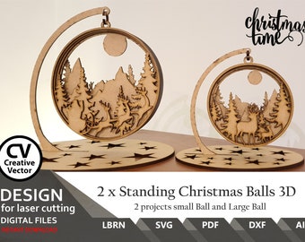 Lasergeschnittene Dateien 2 x Weihnachtskugeln 3D mit Ständer | Weihnachts-Layer-Ball, 3D-Ball | Bälle svg | SVG | DXF | Lichtbrand | Weihnachtsmann | Weihnachten