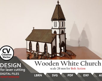 Dateien für Laserschnitt-Kirche: 28 mm Maßstab Wargaming-Gelände (SVG, PDF, DXF)