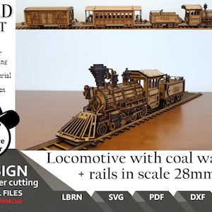 Lasergeschnittene Dateien - Wild-West-Lokomotive mit Kohlenwagen + Schienen SVG | dxf | Bereit für Lightburn | Skala von 28mm bis 34mm | Maßstab 1:56