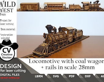 Laser cut files - Wild West Locomotive with coal wagon + rails  SVG | dxf | Ready for Lightburn | scale from 28mm  up to 34mm | scale 1:56