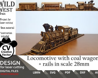 Laser cut files - Wild West Locomotive with coal wagon + rails  SVG | dxf | Ready for Lightburn | scale from 28mm  up to 34mm | scale 1:56