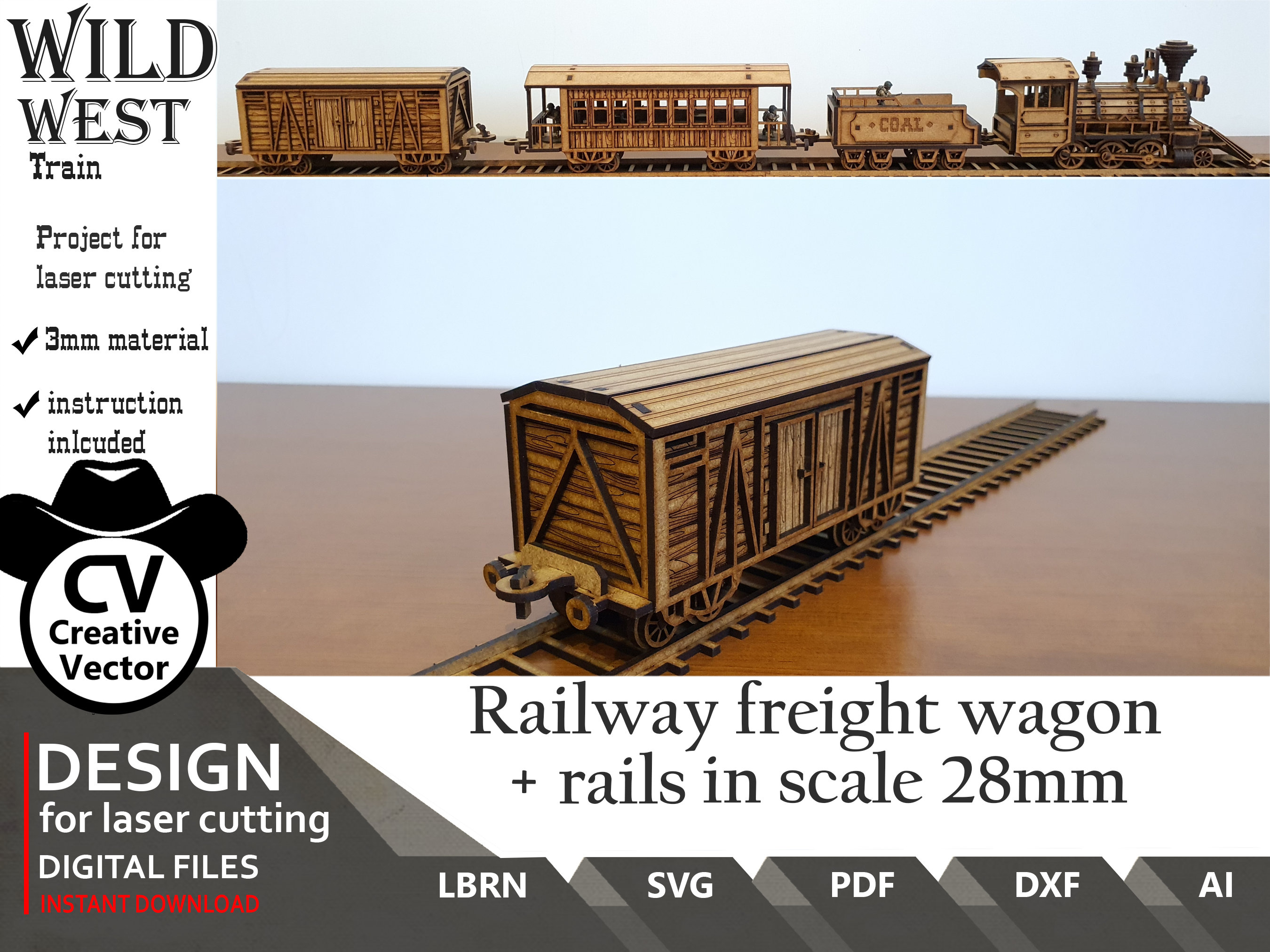 Wild West Freight Wagon + Rails: Files for Laser Cut (28mm-34mm Scale ...