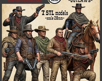 Wild West Outlaws 3D Print Files: 7 STL Miniatures (28mm Scale) (Digital Download)