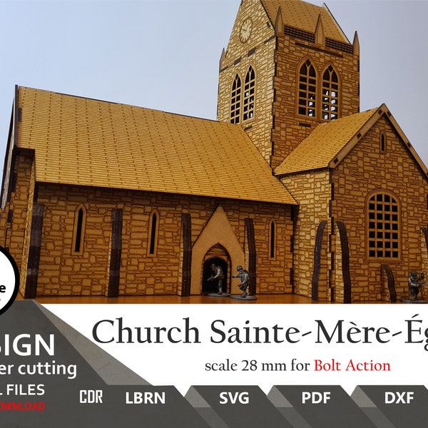 SVG - Bolt Action Kerk Sainte-Mere-Eglise | Schaal 28 mm-bestanden voor Wargaming-terrein | Oorlogsvlammen | Bestanden om te laseren | Aai | Dxf Licht branden
