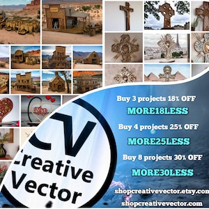K&ouml;nnte beinhalten: Eine Collage aus verschiedenen Laser-Schnitten, darunter eine Westernstadt, Kreuze, Herzen und ein Eiffelturm. Das Bild enth&auml;lt auch den Text "Creative Vector" und Rabattcodes f&uuml;r den Kauf mehrerer Projekte: "MORE18LESS", "MORE25LESS" und "MORE30LESS".