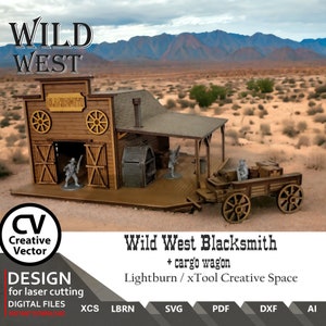 May include: A wooden model kit of a Wild West Blacksmith shop with a cargo wagon. The kit includes a blacksmith shop with a sign that reads "Blacksmith", a forge, and a wagon with wheels. The kit is designed for laser cutting and is available in digital files.