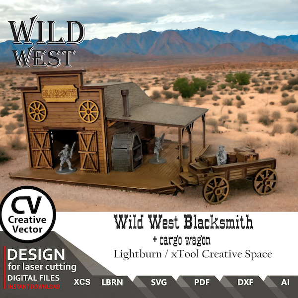 Forgeron du Far West avec wagon cargo SVG | XCS | dxf | RLBRN | échelle de 28 mm à 34 mm | échelle 1:56 | Fichiers laser à découper