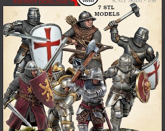 Knight Miniatures 7 STL Files Bundle – 28mm Scale for 3D Print Models (Digital Download)