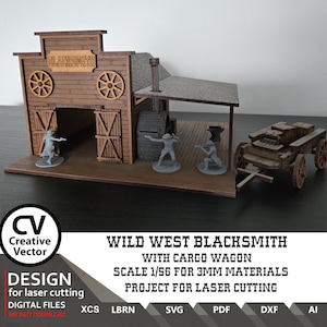 May include: A laser-cut wooden model of a Wild West blacksmith shop featuring a front facade with two wagon wheels, double doors, and a sign reading BLACKSMITH. The structure includes a side porch with a chimney, a cargo wagon, and three gray figures.