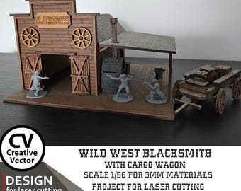 May include: A laser-cut wooden model of a Wild West blacksmith shop featuring a front facade with two wagon wheels, double doors, and a sign reading BLACKSMITH. The structure includes a side porch with a chimney, a cargo wagon, and three grey figures.