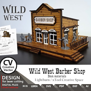 Puede incluir: Un kit de modelo de barbería del Salvaje Oeste para cortar con láser. El modelo está hecho de madera y tiene un letrero que dice "Barber Shop". El modelo está diseñado para ser ensamblado y pintado.