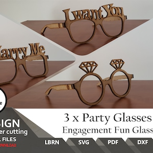 3 x Projects Engagement Fun Glasses  | SVG | DXF | PDF | Ai | Party Glasses, 3D | New Year | Lightburn | Easy to laser cut |  Party