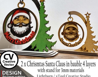 2 x Christmas Santa Claus in 3D Christmas bauble 4 layers  | SVG | XCS | Christmas Layer Ball, 3D | Balls | Lightburn | Easy to laser cut