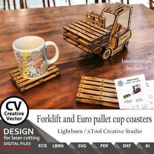 Forklift and Euro pallet Cup coasters for laser cutting | SVG | Lightburn | Laser cut files | Build Instruction | Forklift | Laser cut files