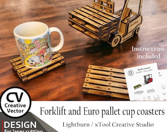 Forklift and Euro pallet Cup coasters for laser cutting | SVG | Lightburn | Laser cut files | Build Instruction | Forklift | Laser cut files