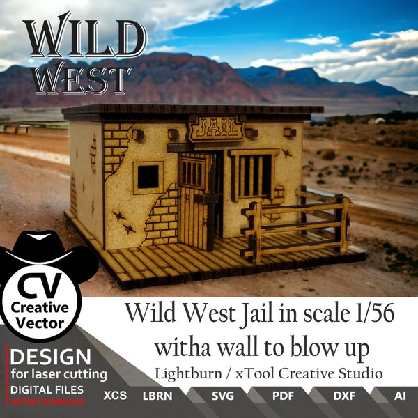 Wild-West-Gefängnis mit einer Mauer zum Sprengen SVG | dxf | LBRN | XCS | skaliert von 28mm bis 34mm | Maßstab 1:56 | Lightburn Laserdateien zum Schneiden