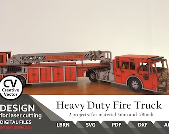 Heavy Duty Fire Truck for laser cutting | SVG | dxf |  PDF | Laser cut files | PDF Build Instruction | Fire Truck model | Laser cut files