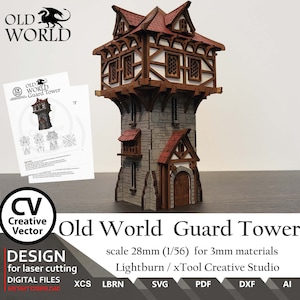 Puede incluir: Un modelo detallado de una torre de guardia de madera con techo rojo, paredes de piedra y una puerta de madera. La torre está a escala de 28 mm y diseñada para materiales de 3 mm. La imagen incluye el texto "Old World Guard Tower" y "Lightburn/xTool Creative Studio".