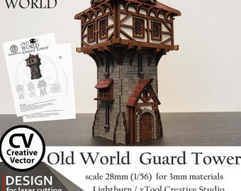 Könnte beinhalten: Ein detailliertes Modell eines hölzernen Wachturms mit rotem Dach, Steinmauern und einer Holztür. Der Turm ist im Maßstab 1:56 (28 mm) und für 3 mm Materialien konzipiert. Das Bild enthält den Text "Old World Guard Tower" und "Lightburn/xTool Creative Studio".