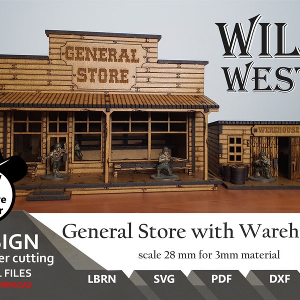 Wild West General Store mit Lager SVG | dxf | LBRN | XCS | skaliert von 28mm bis 34mm | Maßstab 1:56 | Lightburn Laserdateien zum Schneiden