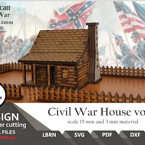 May include: A laser cut model of a wooden house with a fence, designed for 15mm scale wargaming. The house has a brown roof, a chimney, and a porch. The fence is made of wooden planks and has a picket design. The model is designed for laser cutting and comes in digital files.