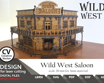 Wild West Saloon SVG / dxf / LBRN / XCS / Escalado para miniaturas de 28mm a 34mm / escala 1:56 / Archivos de corte por láser Lightburn