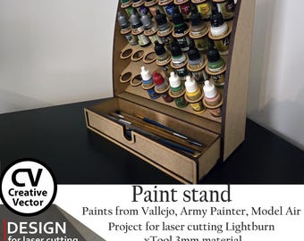 Files for laser cut Paints Holder with Drawer SVG XCS Dxf :  for Vallejo Army Painter Model Air Paints (Digital Download) Rack Paints
