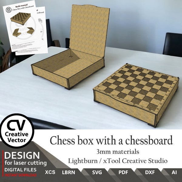 Laser cut files: Chess Box 282x282x50mm with Chessboard | SVG | XCS | LBRN | Ai | dxf | Easy to Laser Cut | Vector | Art | Lightburn | Game