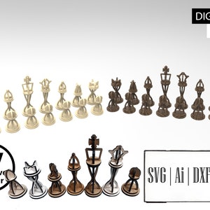 Pu&ograve; includere: Un set di pezzi degli scacchi tagliati al laser in tonalit&agrave; di legno chiaro e scuro, con design geometrici a telaio aperto. L'immagine include le etichette di testo DIGITAL FILES, CV Creative Vector e i formati SVG | Ai | DXF | LBRN.