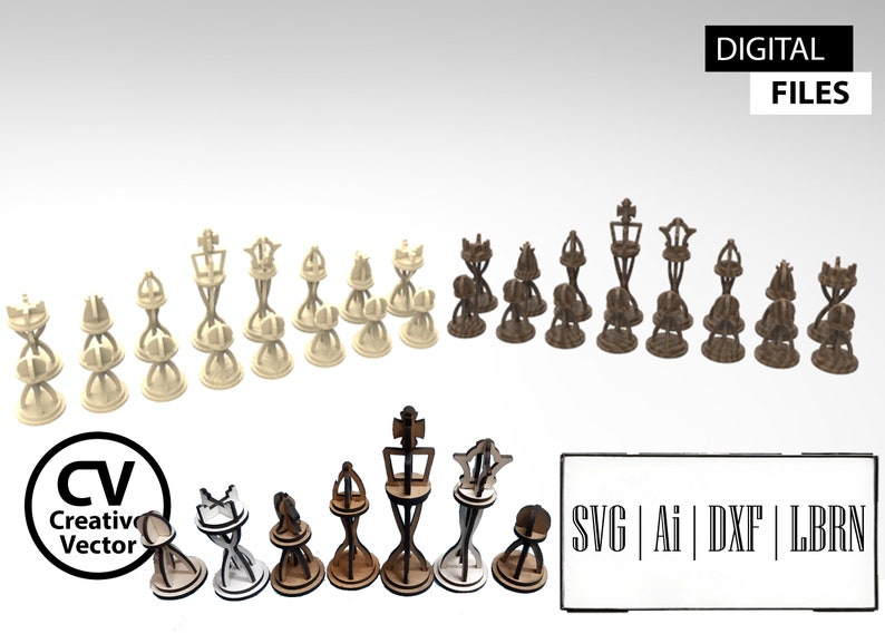 Pu&ograve; includere: Un set di pezzi degli scacchi tagliati al laser in tonalit&agrave; di legno chiaro e scuro, con design geometrici a telaio aperto. L'immagine include le etichette di testo DIGITAL FILES, CV Creative Vector e i formati SVG | Ai | DXF | LBRN.