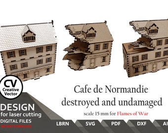 SVG | dxf | PDF|  Normandy Modular House Cafe De Normandie | Scale H0 or 1/72 | 15mm Digital files |  Lightburn | Easy Laser Cut | Diorama