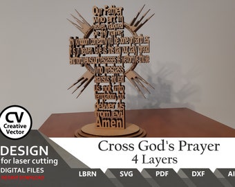 Laser cut files - Cross God's Prayer | 4 Layers | SVG | XCS | PDF | Ready for Lightburn cross prayer | Jesus Cross svg | God Prayer svg